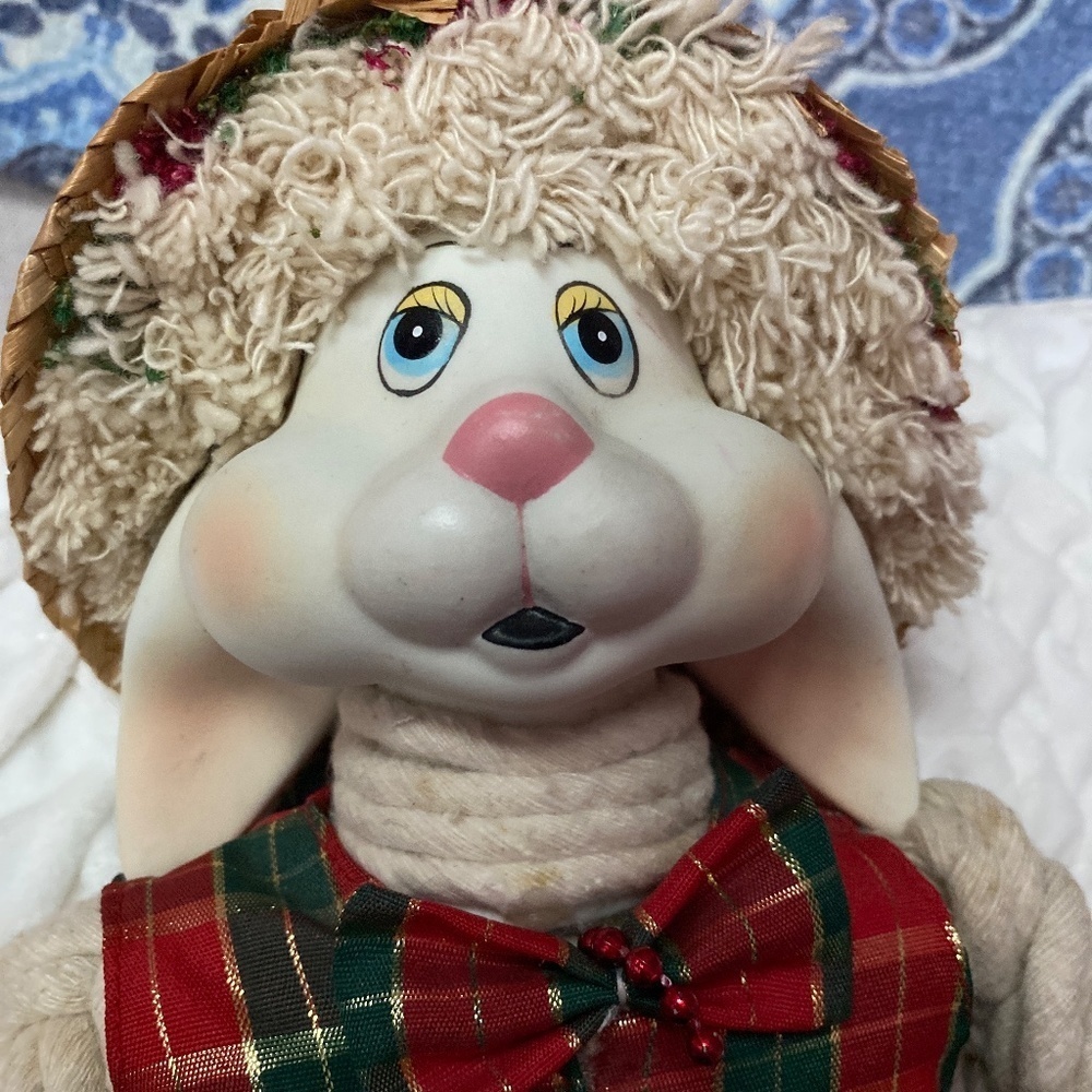 Porcelain Shelf Sitting Christmas Bunny - Picture 2 of 13